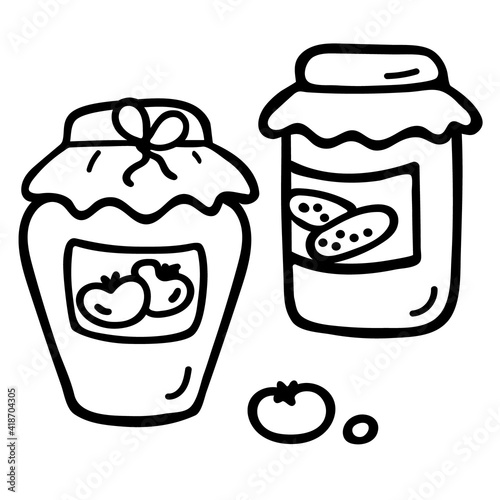 Hand-drawn Doodle Jars of pickles. Home marinates for the winter. Pickling vegetables, cucumbers and tomatoes in a glass jars. Autumn harvesting. Black outlines isolated on a white background. Vector