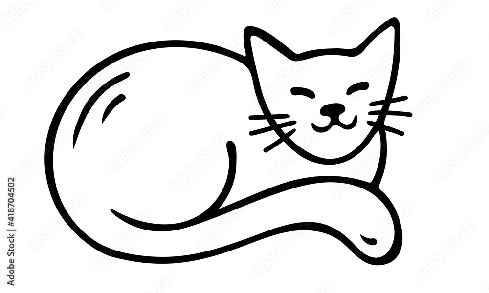 Naklejka premium Cute cartoon lying cat. Hand-drawn doodle style. Black outlines isolated on a white background. Vector stock illustration.