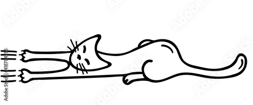 The doodle cat stretches and sharpens its claws. Playful funny kitten. Hand-drawn cartoon pet animal. Black outlines isolated on a white background. Vector stock illustration.