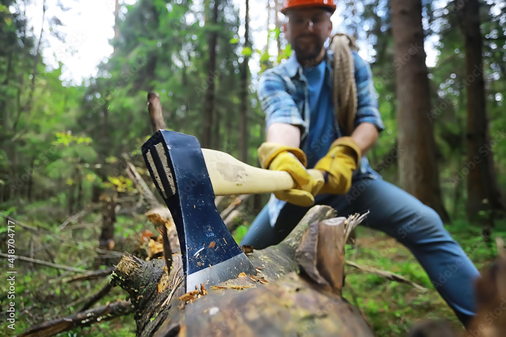 Male worker with an ax chopping a tree in the forest. Male worker with an ax chopping a tree in the forest.