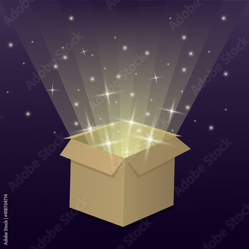 Opened gift box with bokeh effect. Magical golden light box, magic box. Cardboard box. Isolated on a dark background. illustration.