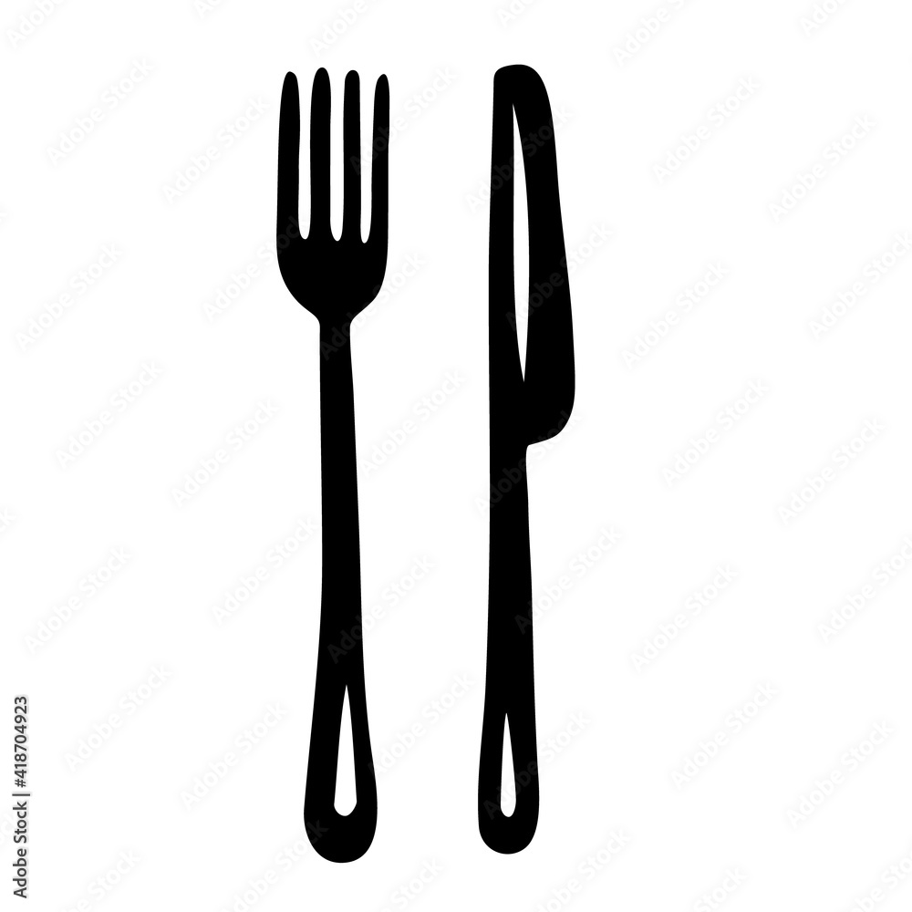 Hand drawn doodle knife and fork. Sketch vector stock illustration. Stylized simple cutlery silhouettes. Black outlines isolated on a white background. 