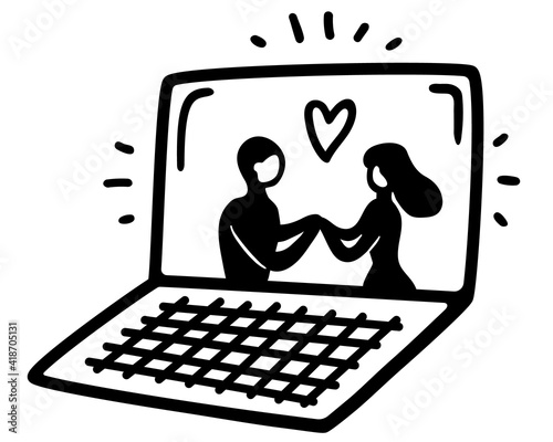 The laptop shows a romantic movie or photos. Man and woman hold hands and love each other. Hand-draw vector illustration in a doodle style. Black contours isolated on a white background.