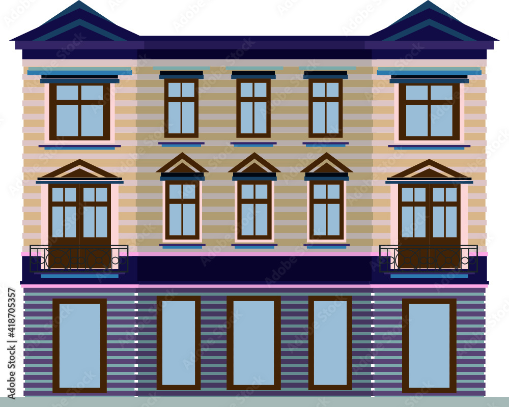 City public building house flat design residential, hotel or university building. Architecture modern street apartment vector illustration.