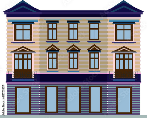 City public building house flat design residential, hotel or university building. Architecture modern street apartment vector illustration.