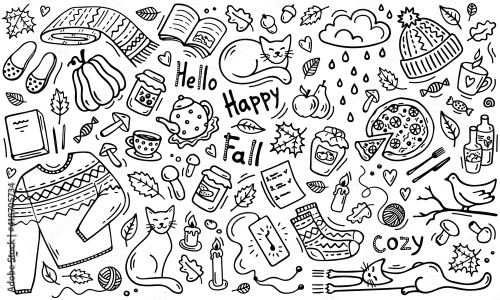 Hand-draw Autumn Background in doodle style. Fall Season vector elements: knitted clothes, cats, mushrooms, leaves, books, cups, jars, fruits, pumpkin, pizza, candy, music. Black isolated on a white.