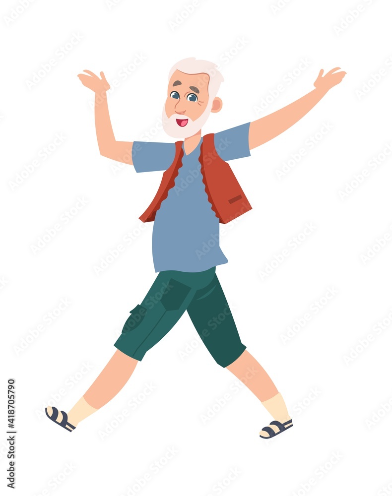 Funny happy senior man. Cartoon old dancing pensioner. Cheerful grandparent active moving. Gray haired male character walks. Adult person leisure pastime vector grandpa lifestyle isolated illustration Funny happy senior man. Cartoon old dancing pensioner. Cheerful grandparent active moving. Gray haired male character walks. Adult person leisure pastime vector grandpa lifestyle isolated illustration