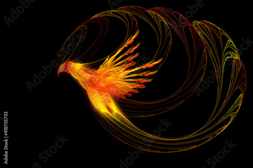 Fractal image of a phoenix bird on a black background 