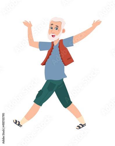 Funny happy senior man. Cartoon old dancing pensioner. Cheerful grandparent active moving. Gray haired male character walks. Adult person leisure pastime vector grandpa lifestyle isolated illustration