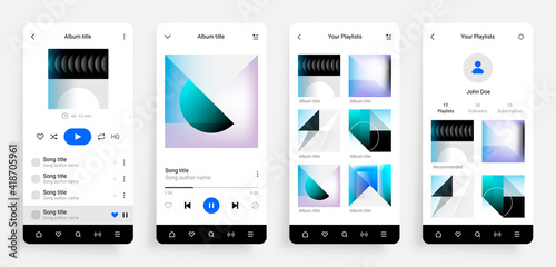 Music player app. Mobile multimedia application interface with musical album, song playlist and social network page. Realistic smartphone UI mockup with buttons for playing tunes. Vector touchscreen
