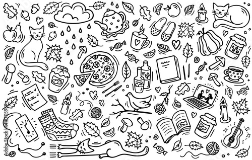 Autumn themed doodle set. Elements Fall Season: mushrooms, leaves, books, cats, cups, jars, pumpkin, pizza, candy, music, movie, rain, cozy things. Freehand background isolated on a white. Vector.