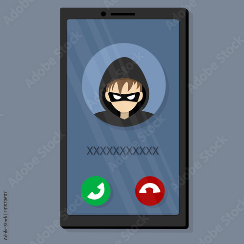 Incoming call from a scammer. A villain, a thief, wants to steal personal data and money.