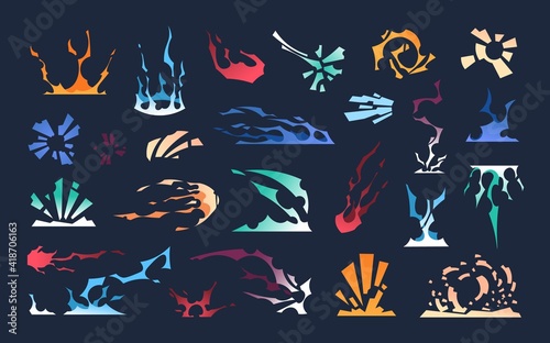 Power effects. Cartoon light flashes from explosions and magic spells. Colorful tracks of fast motion. Isolated lightning strike and energy burst. Smoke trail in air. Vector decorative comic templates