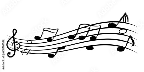 Music notes. Doodle flowing stave black silhouette with hand drawn notes on line wave, sound tune and music design. Monochrome abstract classic melody vector isolated on white background illustration