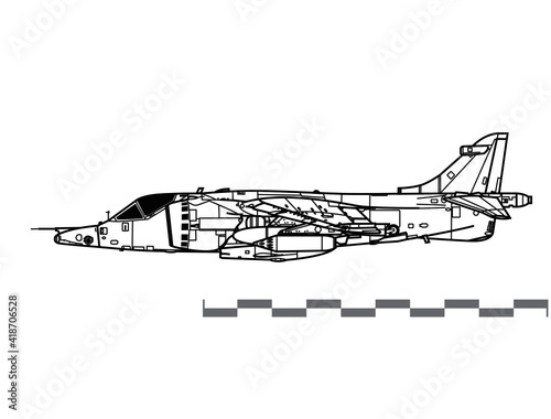 Hawker Siddeley Harrier GR.3. Vector drawing of VSTOL attack aircraft. Side view. Image for illustration and infographics.