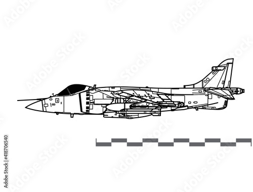 Hawker Siddeley Sea Harrier FRS1. Vector drawing of navy VSTOL fighter aircraft. Side view. Image for illustration and infographics.