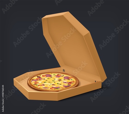 Realistic open box with pizza. National Italian meal in blank square cardboard container. Isolated package for cheesy snack with pepperoni and tomatoes. Delivery and takeaway food. Vector pizzeria