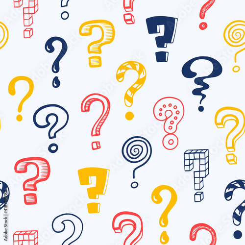 Question mark pattern. Doodle seamless texture mockup with colorful interrogation symbols. Creative hand drawn isolated repeated asking signs. Vector punctuation icon consisting of dot and curved line