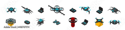 Drones. Modern flying unmanned electronic devices. UAV for panoramic photo or video shooting from above and parcels delivery by air. Wireless controllers. Vector robotic gadgets with propellers set