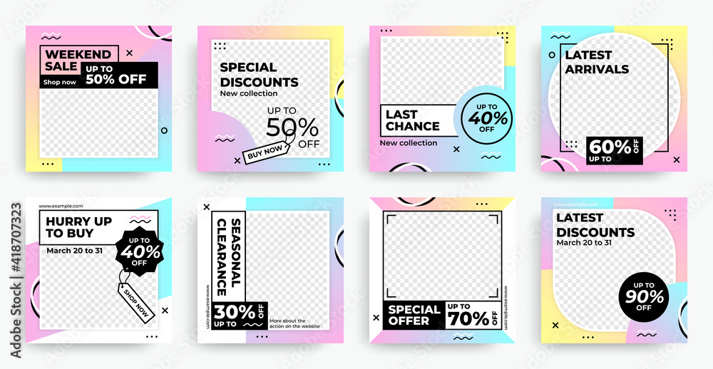 Square fashion banners. Sale promotion abstract post template. Memphis web flyers of special discount. Pastel geometric frames with color gradient and copy space. Vector mockup for online advertising