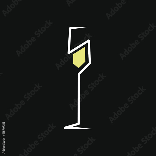 Abstract champagne glass symbol on black backdrop. Design element