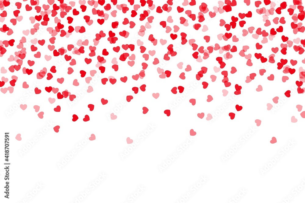 Confetti hearts falling. Romantic wedding or Valentine's day celebration background mockup. Red and pink pieces of paper randomly flying down. Vector festive frame or decorative greeting card template