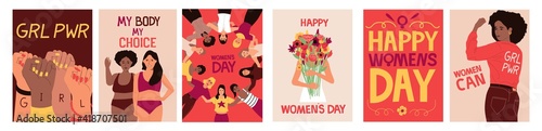Feminist poster. Cartoon banners with strong independent girls. International Women's Day of feminism and female solidarity. Social movement for equal rights. Vector bright holiday greeting cards set
