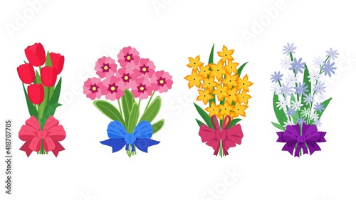 Summer bouquets. Cartoon bunches of flowers tied with silk ribbons. Colorful garden blossoming plants. Decorative floral elements template. Isolated celebrative romantic presents, vector natural set