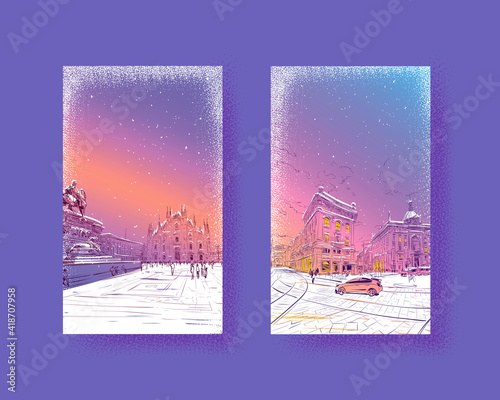 Trendy cover template. Winter city. Merry Christmas and New Year card design. Milan. Italy. Piazza del Duomo. Milan Cathedral. Victor Emanuel II Gallery.  Hand drawn landmark sketch. Vector