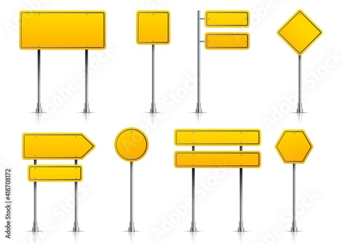 Road yellow sign. Realistic highway signage on pole. 3D metal roadside pointers. Isolated types of blank signposts. Street guideposts set for regulation of traffic. Vector signboards with copy space photo