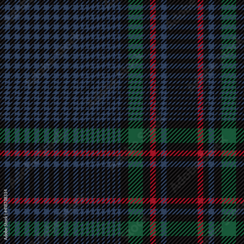 Colorful glen check plaid. Houndstooth twill pattern design. Textile fabric swatch template.