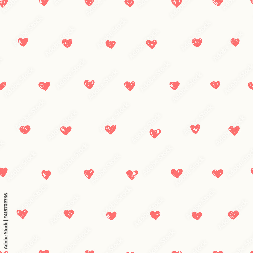 Hand drawn ink doodle naive style seamless pattern with red hearts