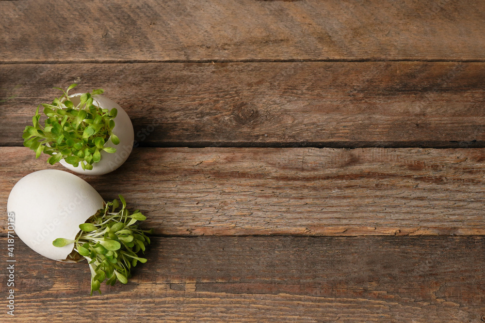 easter eggs with green plant grass on wooden background. Happy Easter, eco concept. Space for text easter eggs with green plant grass on wooden background. Happy Easter, eco concept. Space for text