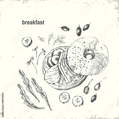 Hand drawn ink breakfast menu illustration.