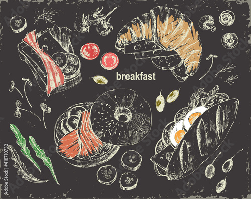 Hand drawn black chalk breakfast menu illustration