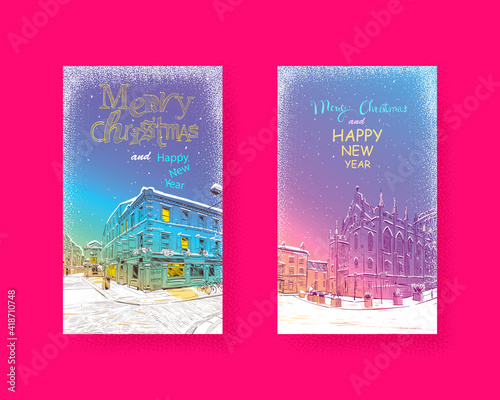 Trendy cover template. Winter city. Merry Christmas and New Year card design. Dublin, Ireland. Hand drawn sketch. Vector illustration. photo