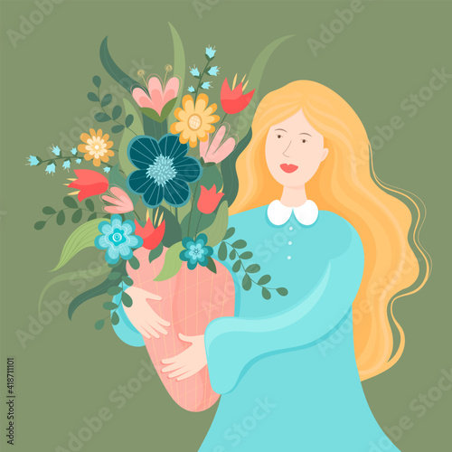 Vector cartoon illustration spring come. Woman holding a large bouquet of spring flowers. Flat design.
