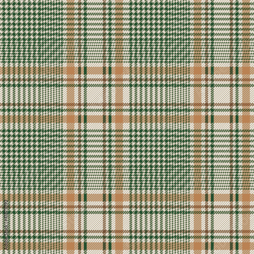 Green, beige and brown glen check plaid. Houndstooth twill pattern design. Textile fabric swatch template.