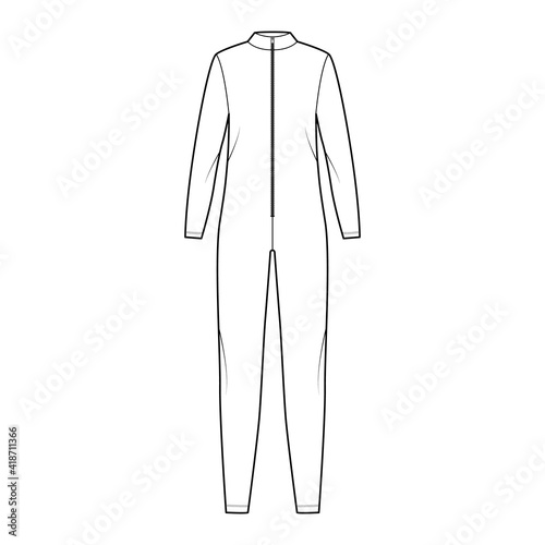 Catsuit Dungaree overall technical fashion illustration with full length, zipper closure, oversized body, long sleeves. Flat apparel garment front, white color style. Women, men unisex CAD mockup