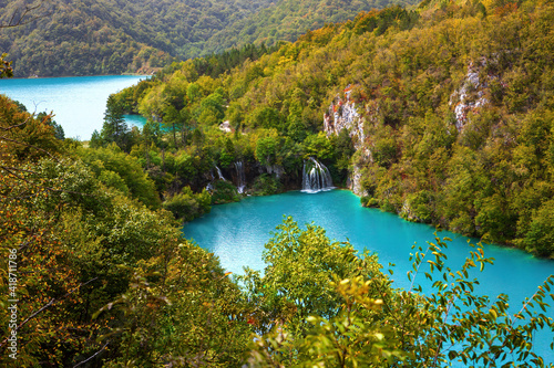 Waterfalls on the Plitvice lakes in autumn.Croatia