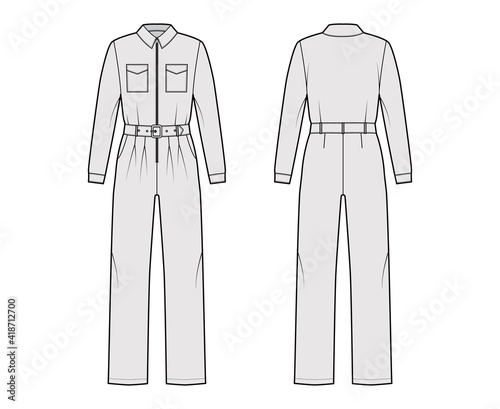 Siren suit overall jumpsuit technical fashion illustration with full length, belt, zipper closure, normal waist, pockets, long sleeves. Flat Dungaree front back, grey color style. Women men CAD mockup