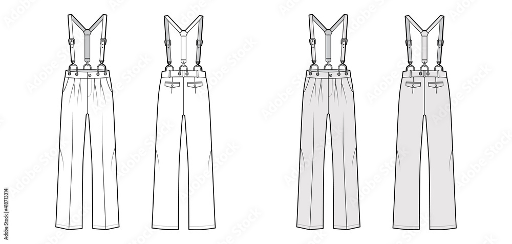 Fototapeta premium Suspender Pants Dungarees technical fashion illustration with full length, low waist, rise, pockets. Flat apparel garment bottom front back, white, grey color style. Women, men unisex CAD mockup