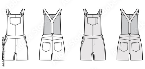 Dungarees Denim overall jumpsuit technical fashion illustration with mini length, normal waist, high rise, pockets, Rivets. Flat apparel front back, white grey color style. Women men unisex CAD mockup
