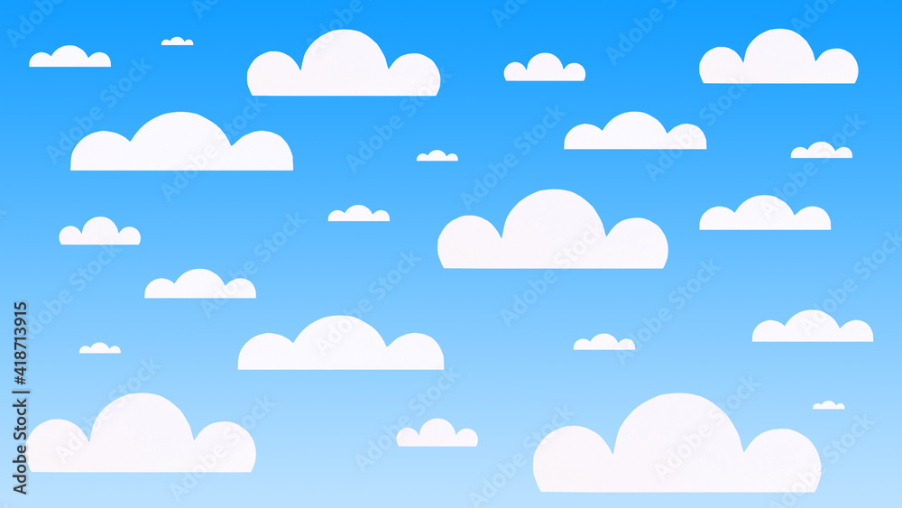 3d illustration of a bright blue sky with paper clouds. Bright summer blue sky background with paper clouds.