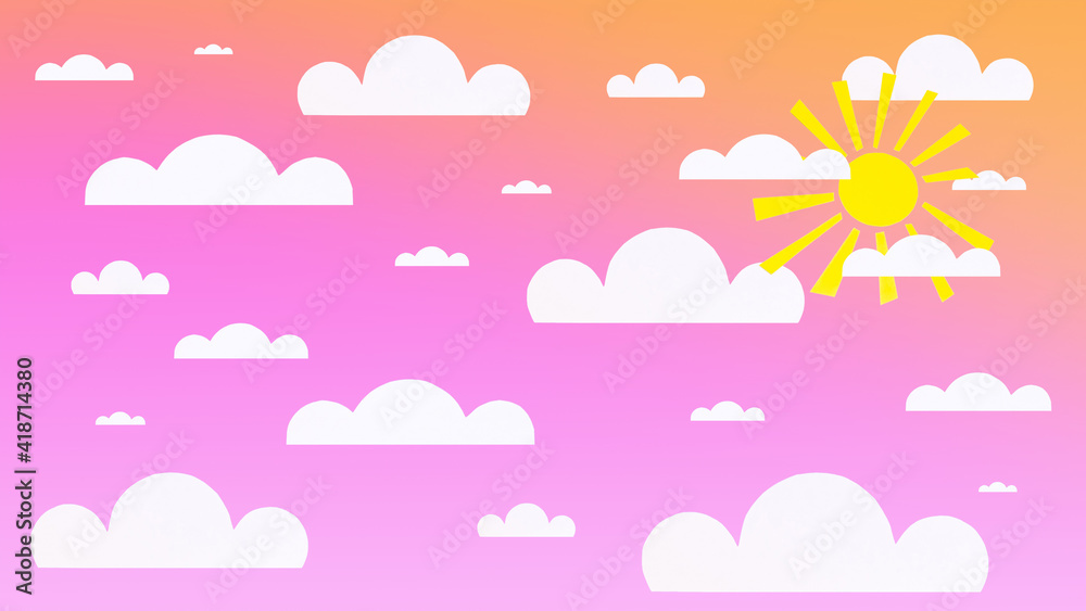 3d illustration of a bright sky at sunset with the sun and paper clouds. Bright summer sky background at sunset with sun and paper clouds.