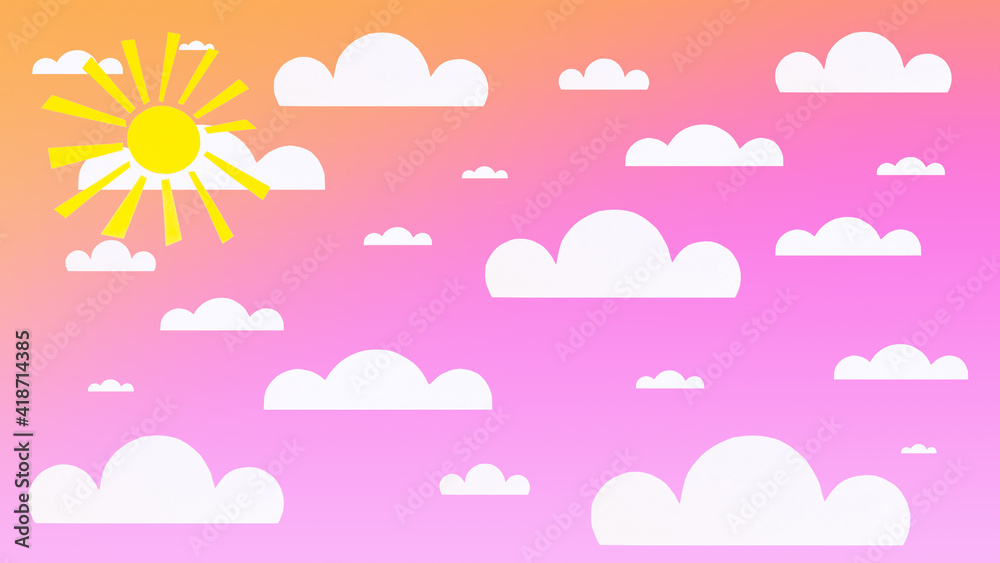 3d illustration of a bright sky at sunset with the sun and paper clouds. Bright summer sky background at sunset with sun and paper clouds. 3d illustration of a bright sky at sunset with the sun and paper clouds. Bright summer sky background at sunset with sun and paper clouds.