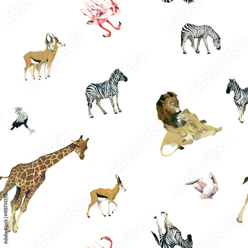 african animals watercolor seamless pattern