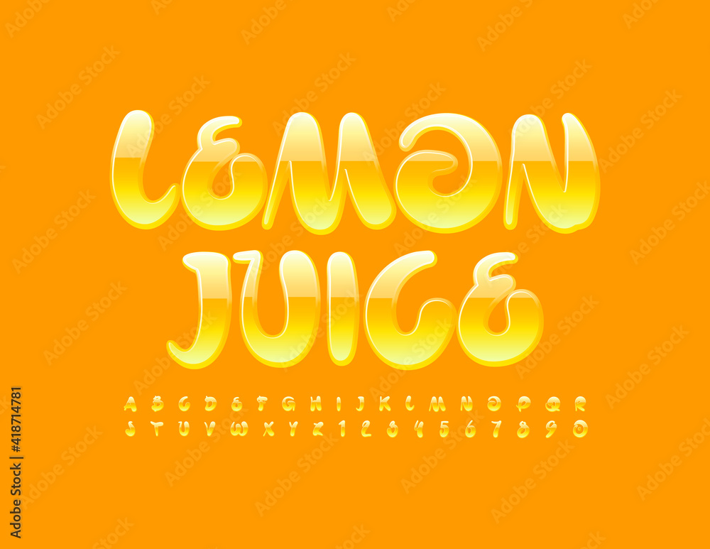 Vector creative sign Lemon Juice. Bright Yellow Font. Handwritten Alphabet Letters and Numbers set