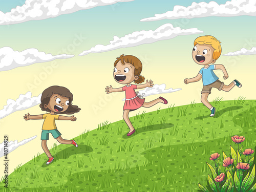 Three children runing across a meadow. Hand drawn vector illustration with separate layers.
