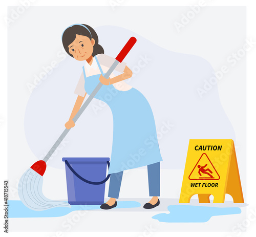 old woman as housekeeper is Cleaning The Floor with safety sign 'Caution wet floor' near her,Flat vector cartoon character For Cleaning Concept.